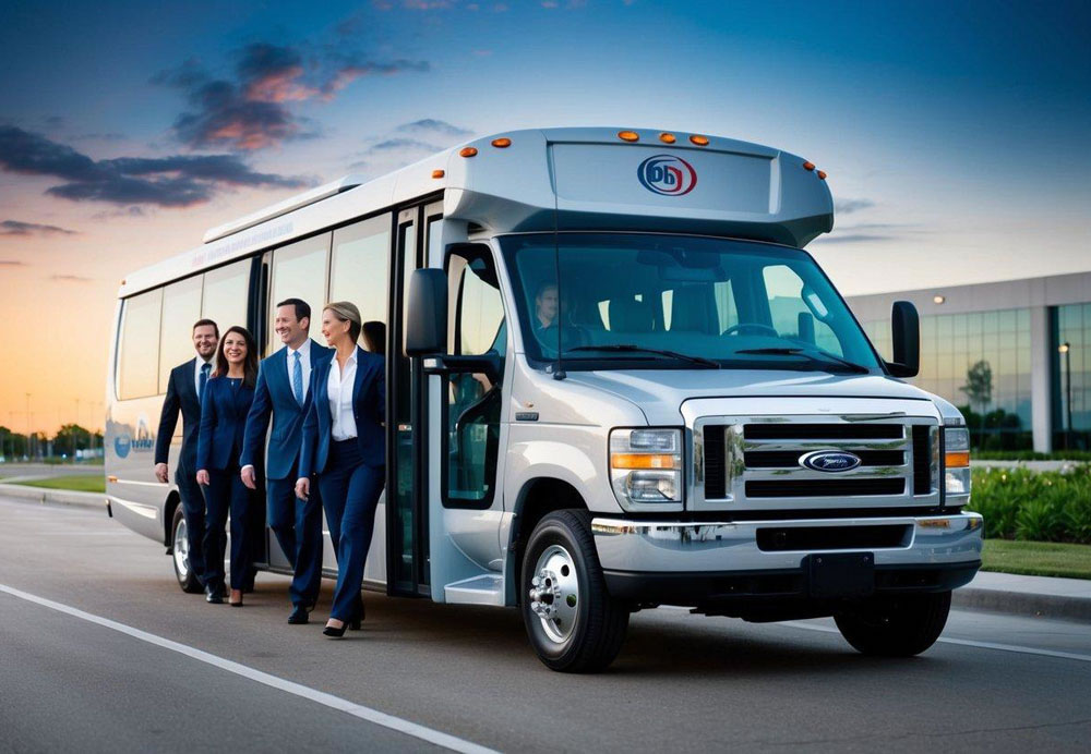 A group of corporate professionals board a sleek, modern shuttle bus in Dallas, ready for team-building activities. The bus is branded with the company's logo and features comfortable seating and amenities for a smooth and enjoyable ride