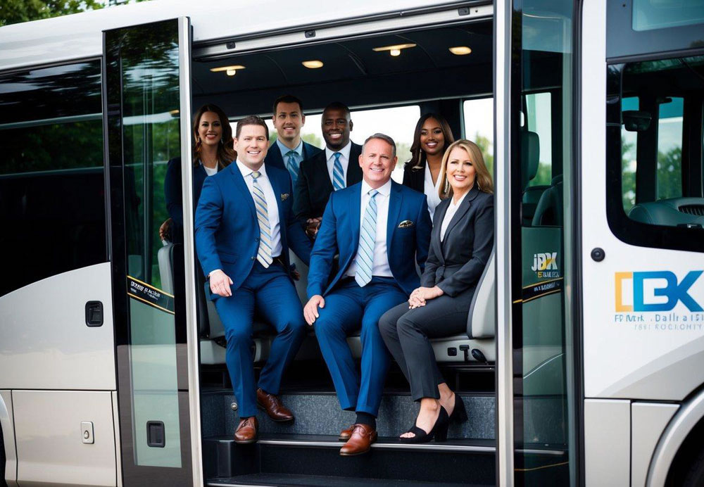 A group of professionals board a sleek, modern bus in Dallas. The bus is branded with the company logo and is equipped with comfortable seating and amenities for a team-building event