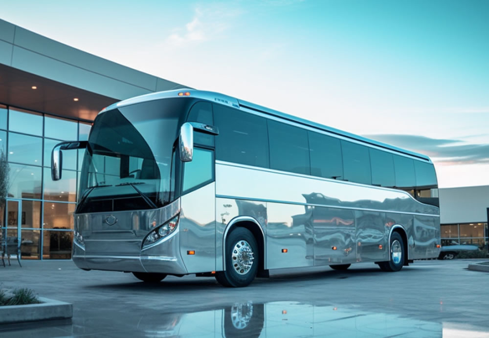 A bus is located in front of a exhibition hall