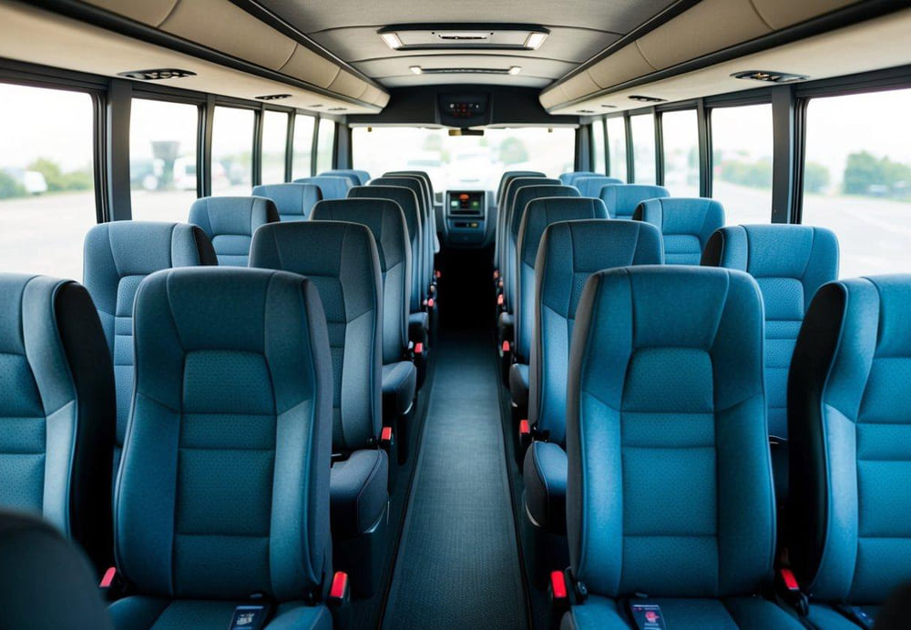 A charter bus interior with rows of seats, each equipped with individual charging outlets for passengers' digital devices