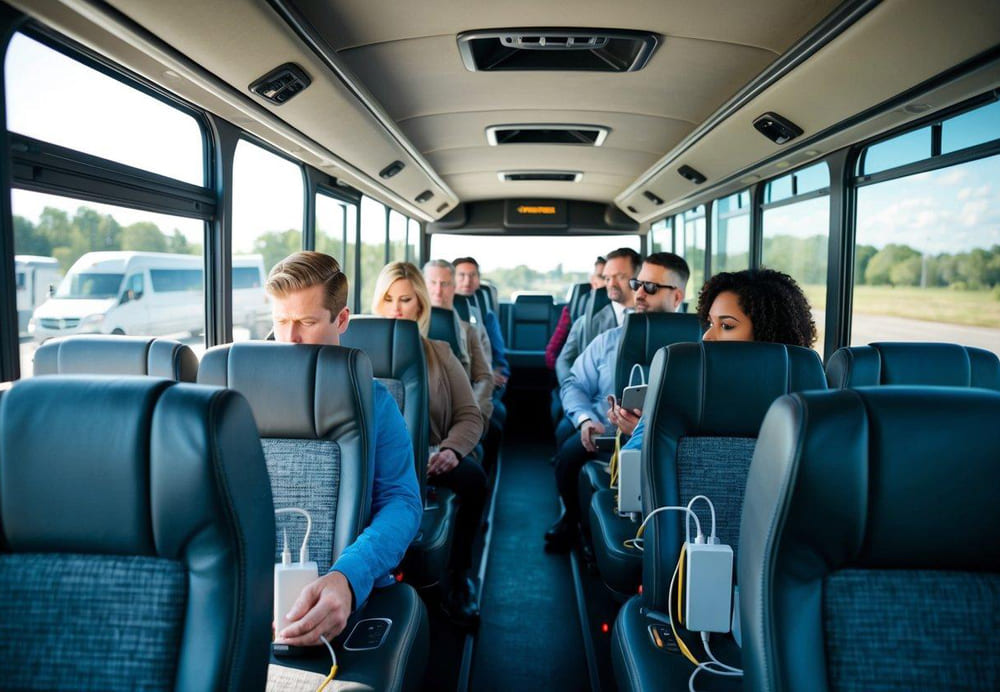 A group of travelers on a charter bus, with various electronic devices plugged into charging outlets along the seats