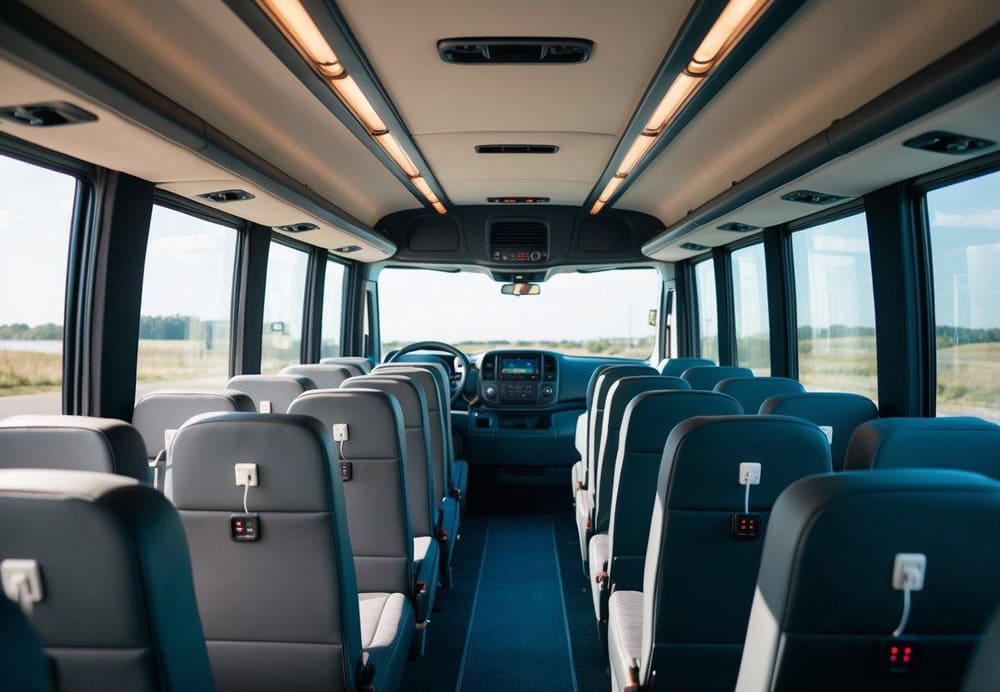 A charter bus interior with multiple charging outlets visible along the walls and seats, providing convenient access for passengers to charge their devices during the journey