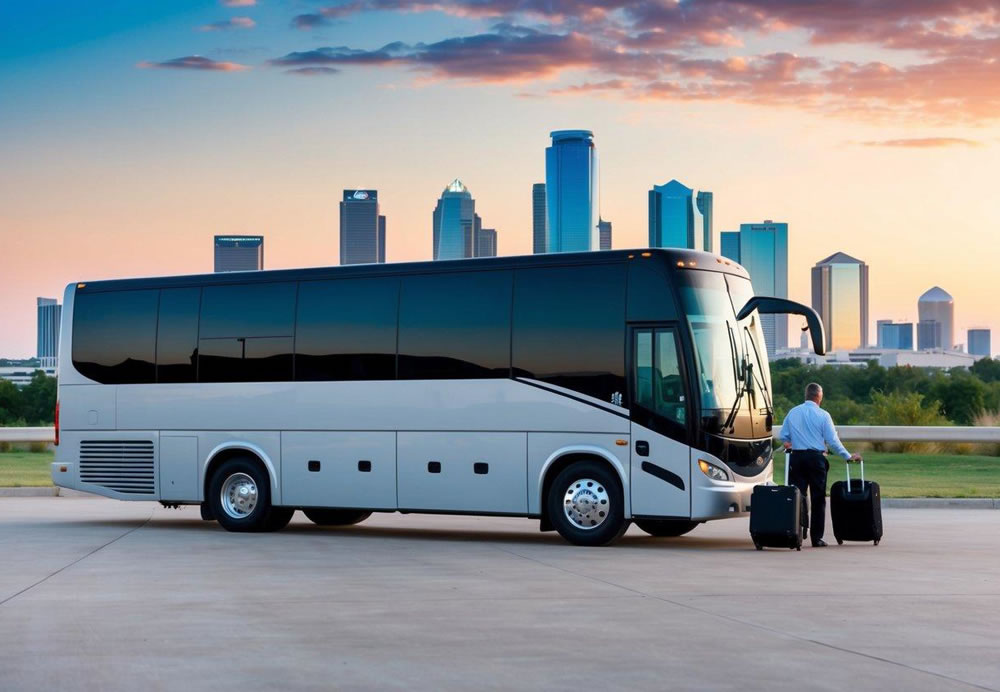 A charter bus parked in front of a Dallas skyline, with passengers boarding and luggage being loaded