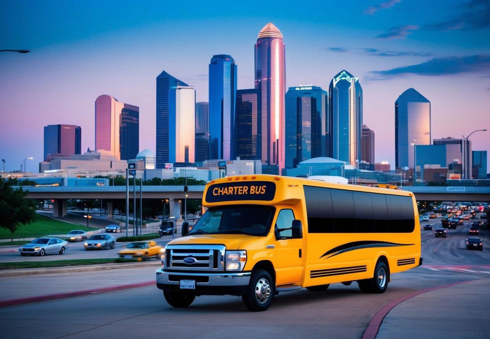 A charter bus parked in front of a modern city skyline, surrounded by bustling streets and traffic in downtown Dallas, Texas