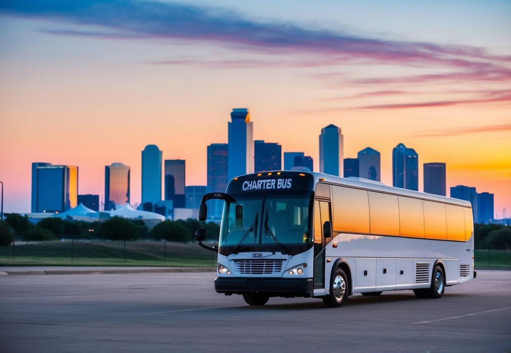 A charter bus parked in front of the Dallas skyline at sunset