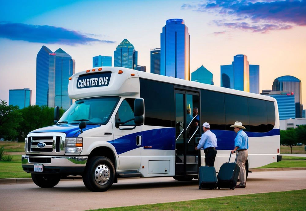 A charter bus parked outside a Dallas, Texas skyline, with a driver loading luggage and passengers boarding