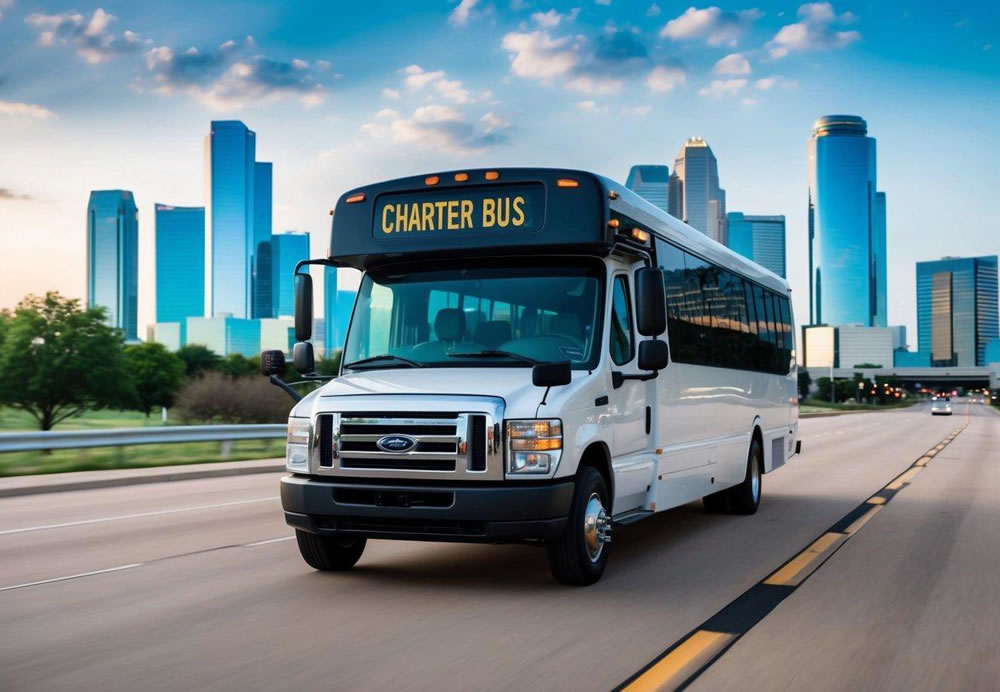 A charter bus driving through the city of Dallas, passing by iconic landmarks and destinations